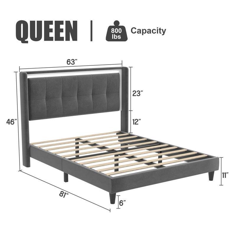Grand lit plateforme tapissier avec tête de lit, support en lattes de bois robuste