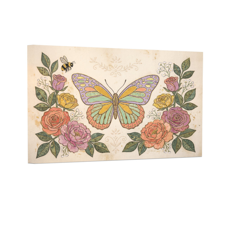 Animaux, papillon, roses, abeille, impression florale, H 20 po x l 30 po
