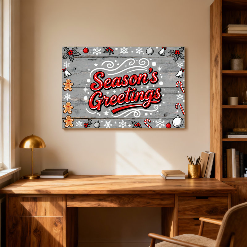 Christmas Seasons Greetings Holiday Pattern Print, 12" H x 18" W
