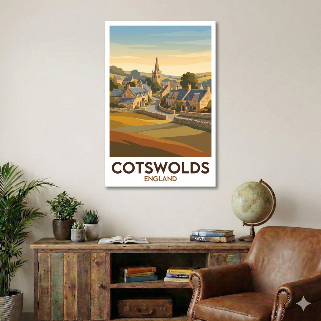 Cotswolds, England - Romantic Travel Poster Of Honey-Stone Villages And Rolling Hills. GiclÃ©e Print On Wrapped Canvas. Wall Art, Home Decor - Regions