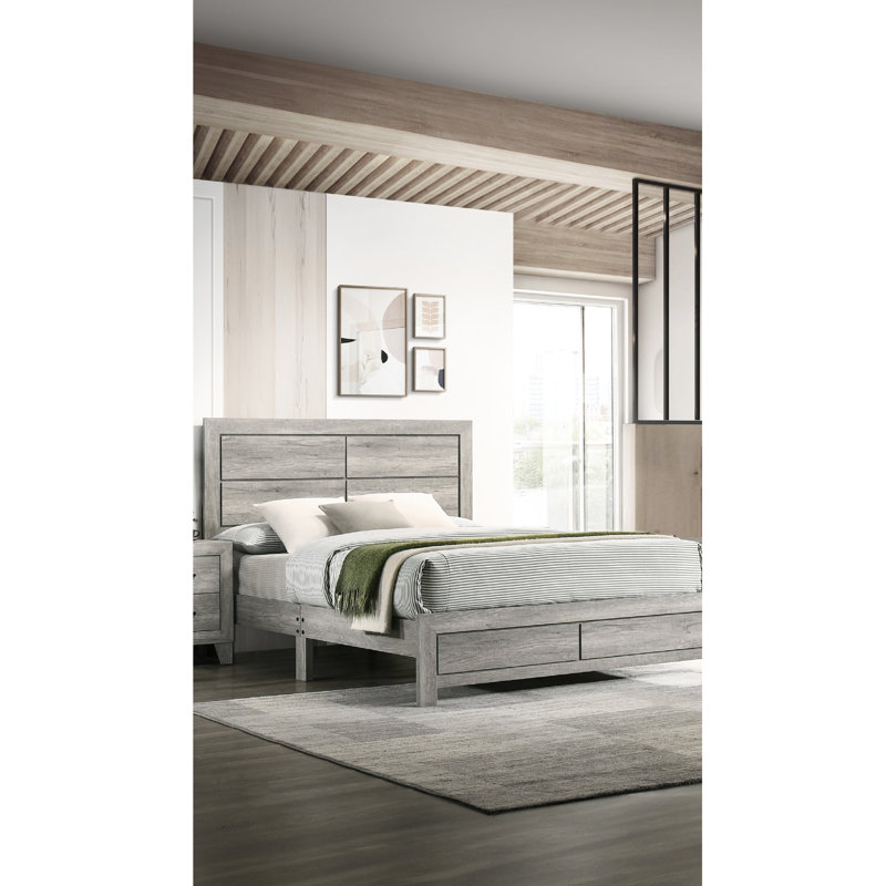 Lit plateforme simple gris contemporain avec grain de bois et tête de lit épurée, merveilleuse pour une chambre à coucher
