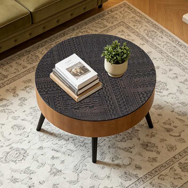 31.5" Round Coffee Table With A Carved Design And Storage Space, Suitable For Vintage Style, Brown