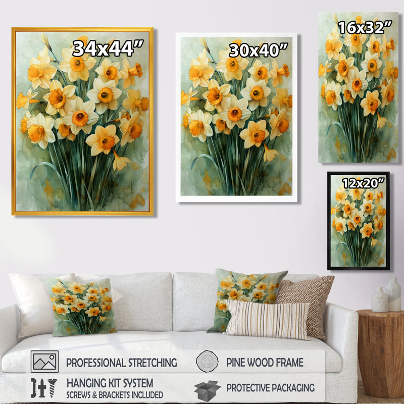 Bloom, orange, blanc, nature morte, jonquilles IV - jonquilles, impression d'art mural, Cadre flottant doré