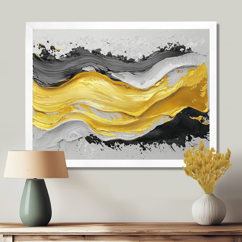 Fugue noire et jaune en couleur I - art mural néo-expressionniste, H 12 po x l 20 po, Floater Framed, Blanc