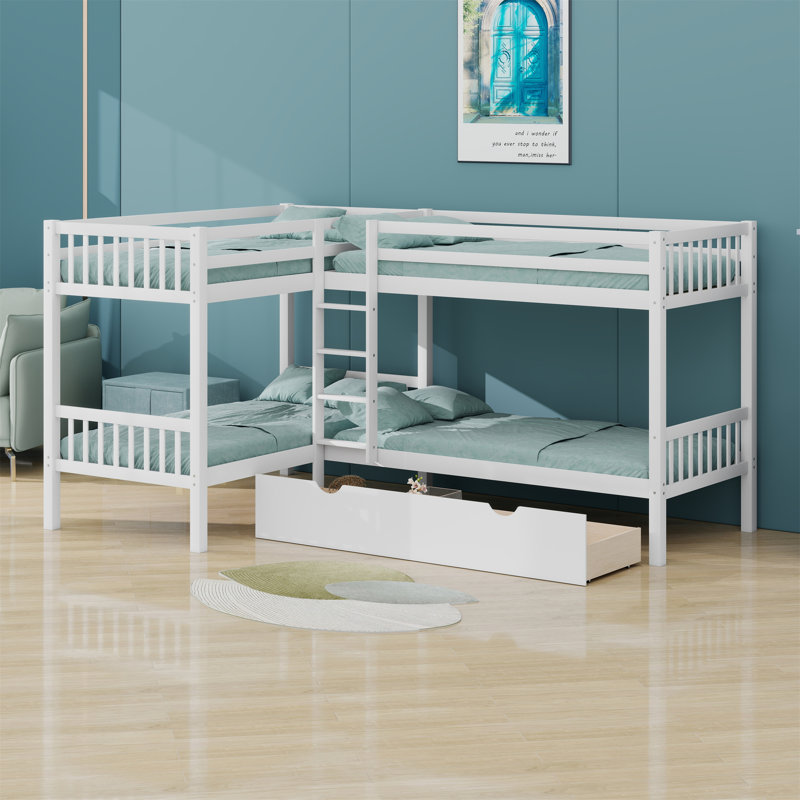 Lit superposé en L avec tiroirs, Blanc