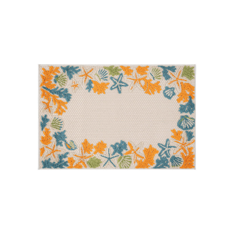 Tapis ivoire / multicolore intérieur / extérieur Coastal Border, Multi, Rectangulaire 2 pi x 3 pi