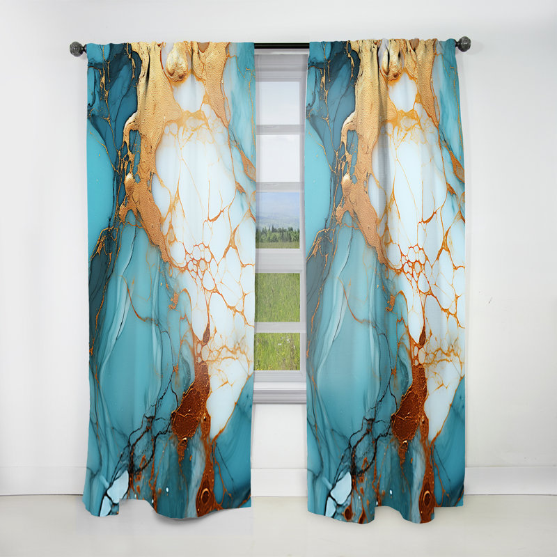 Boutelle Gold And Blue Marble Ink Flow - Modern Curtain - Velvet Room Darkening - 1 panel, 52" W x 90" L