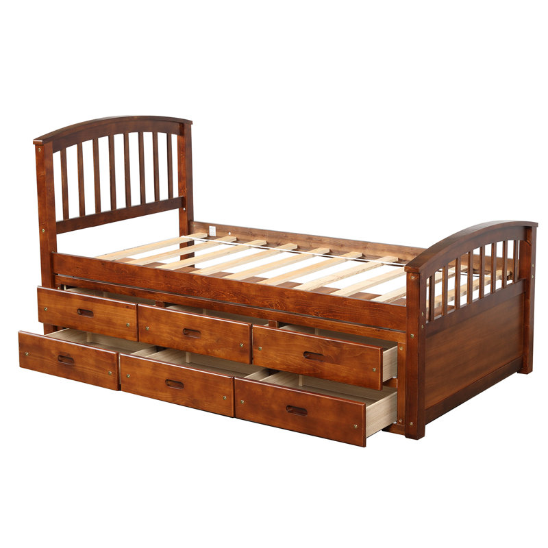 Lit standard 6 tiroirs en bois massif, Noyer