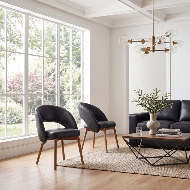 Chaises de salle à manger Aurevo de style moderne du milieu du siècle, revêtues de cuir noir, avec dossier incurvé et pieds en bois massif. Chaises de cuisine rétro pour salle à manger ou restaurant. Montage facile.