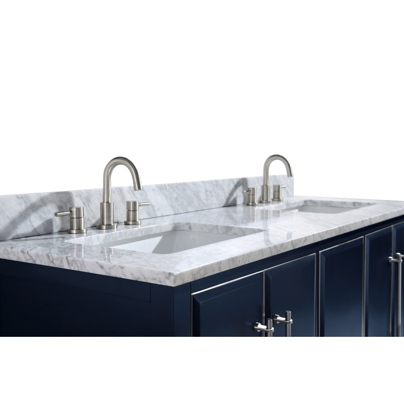 Mason 60" Double Bathroom Vanity with Carrara Marble Top, Carrara White, Brushed Silver, Navy Blue