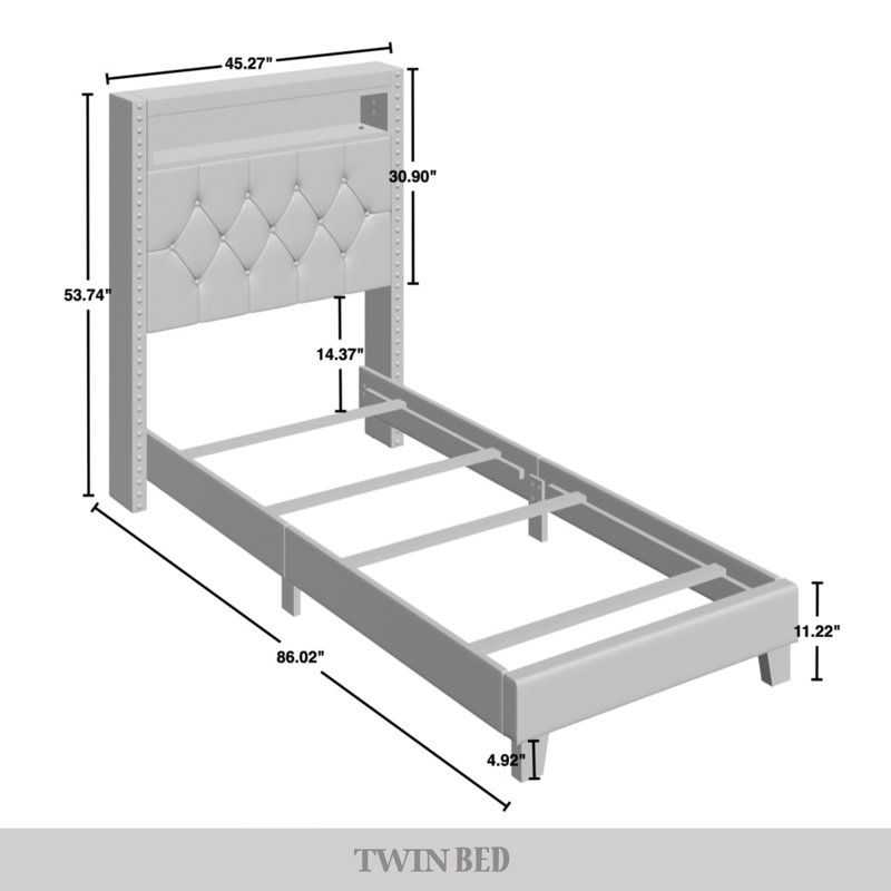 Fording Upholstered Bookcase Storage Bed, Light Gray, Twin