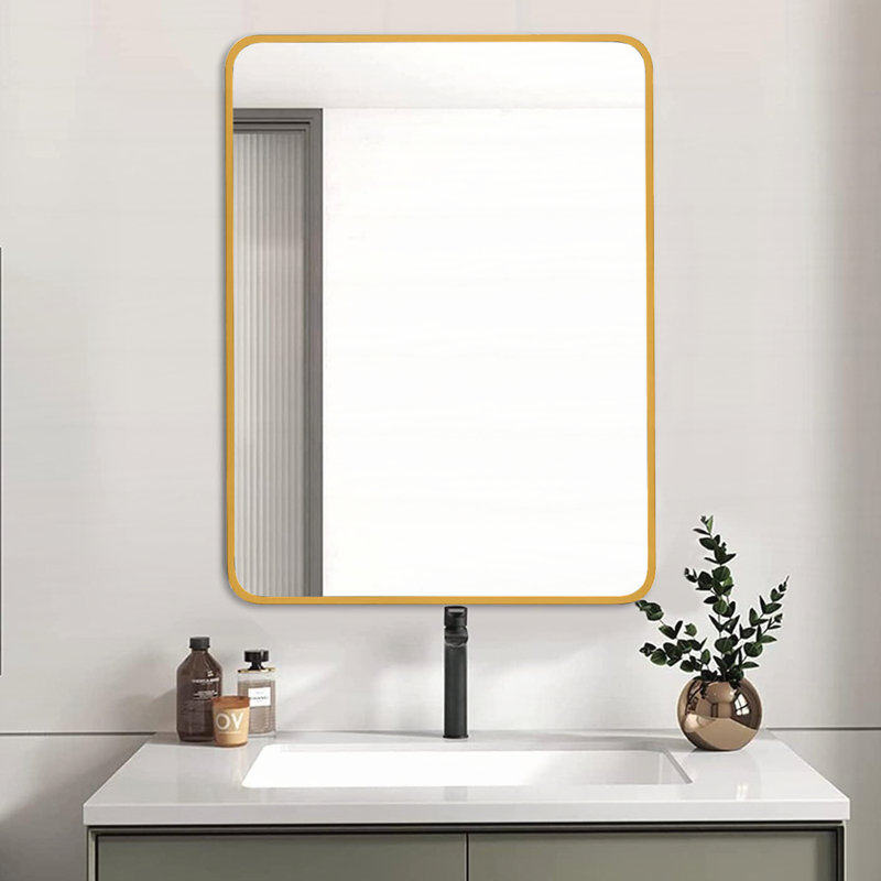 Miroir de salle de bain rectangulaire de qualité supérieure avec caractéristiques de sécurité avancées, 32" x 24", Doré