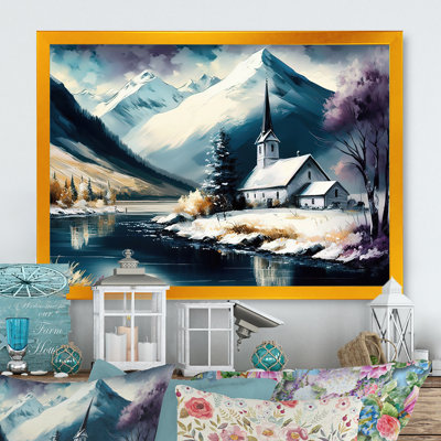 Église sur un lac en hiver V - art mural sur toile spirituel