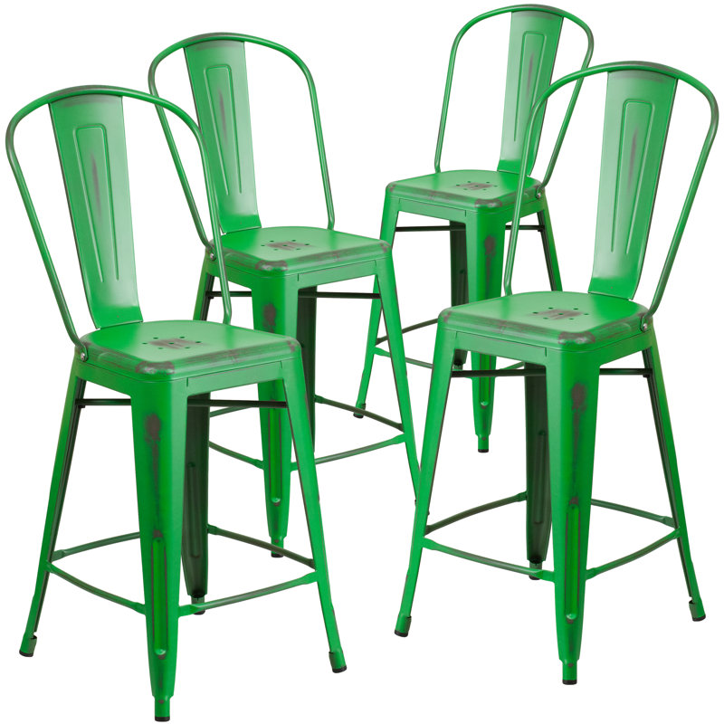Commercial Grade Distressed Metal Indoor-Outdoor Counter Height Stool with Back, Counter Stool (24" Seat Height), Green
