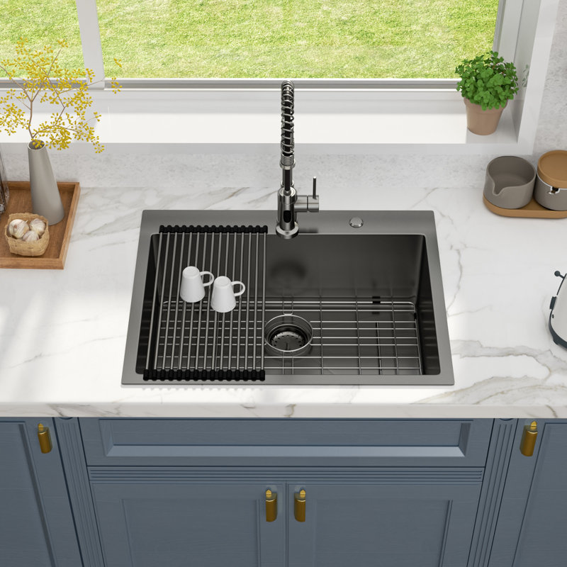 28" L x 22" W Drop In Single Bowl Kitchen Sink 16 Gauge Stainless Steel Gunmetal Black Topmount Kitchen Sink Basin