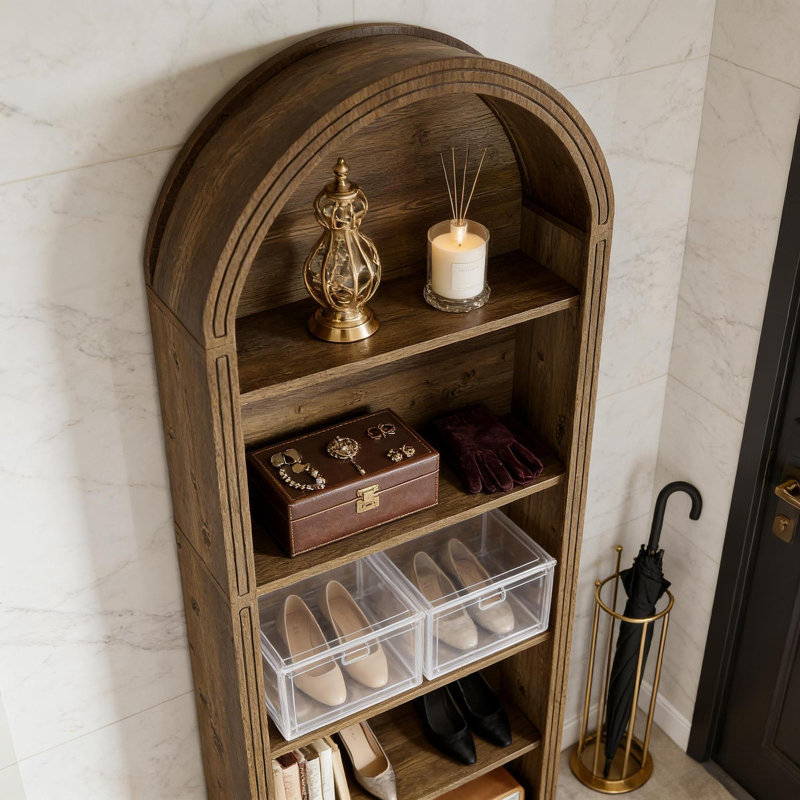Bibliothèque chic, étagère en bois, bibliothèque arquée, (6 tablettes) H 77,22 po x l 31,52 po x P 11,82 po, Chêne