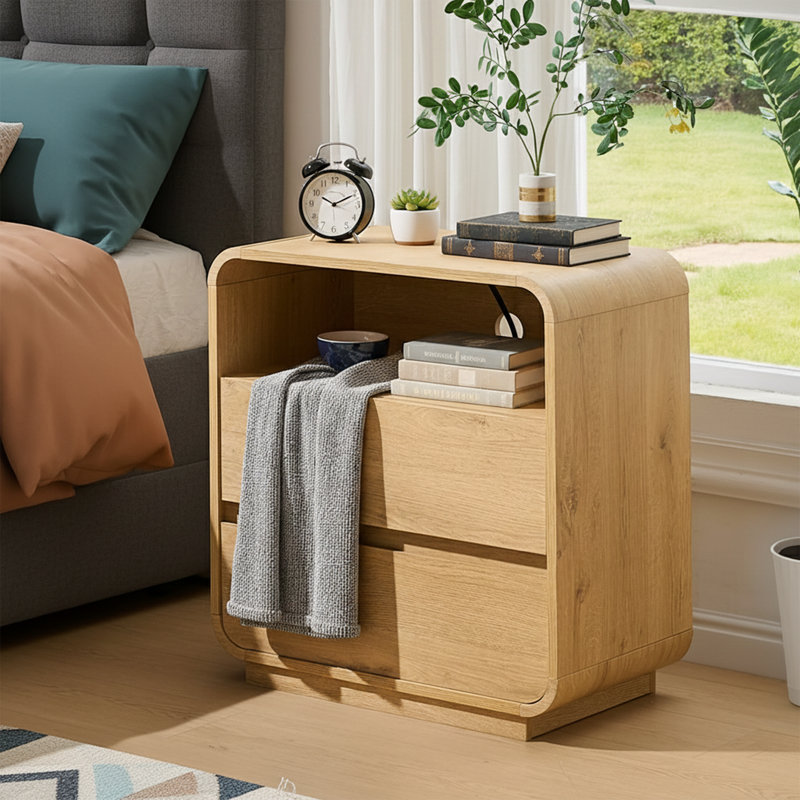 25" H Modern Nightstand with Charging Station, 2-Drawer Wood End Table with Curved Design, Natural