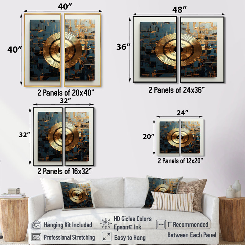 Disque vinyle doré et gris Melody I - art mural doré, 36" H x 48" W, Impression encadrée flottante, Noir
