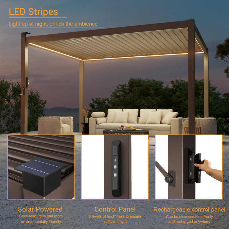 Outdoor LED Stripe Full Aluminum Pergola with Adjustable Louvers and Concealed Water Drainage System, 8' H × 10' L × 13' W