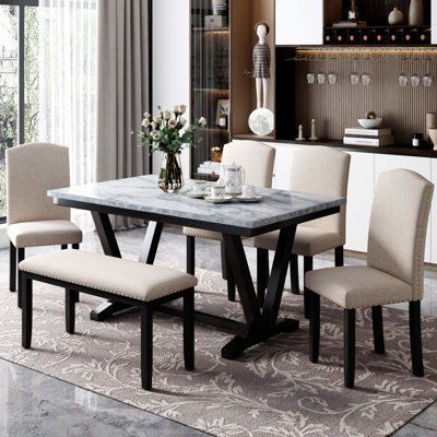 Table de salle à manger de style moderne 6 pièces avec 4 chaises et 1 banc, table avec placages marbrés et pieds en V
