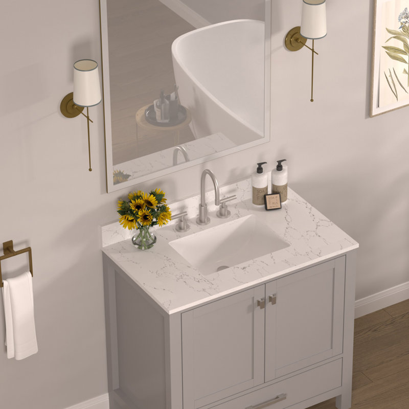 36" Engineered Stone Bathroom Vanity Top with Rectangular Undermount Ceramic Sink and Backsplash, 36