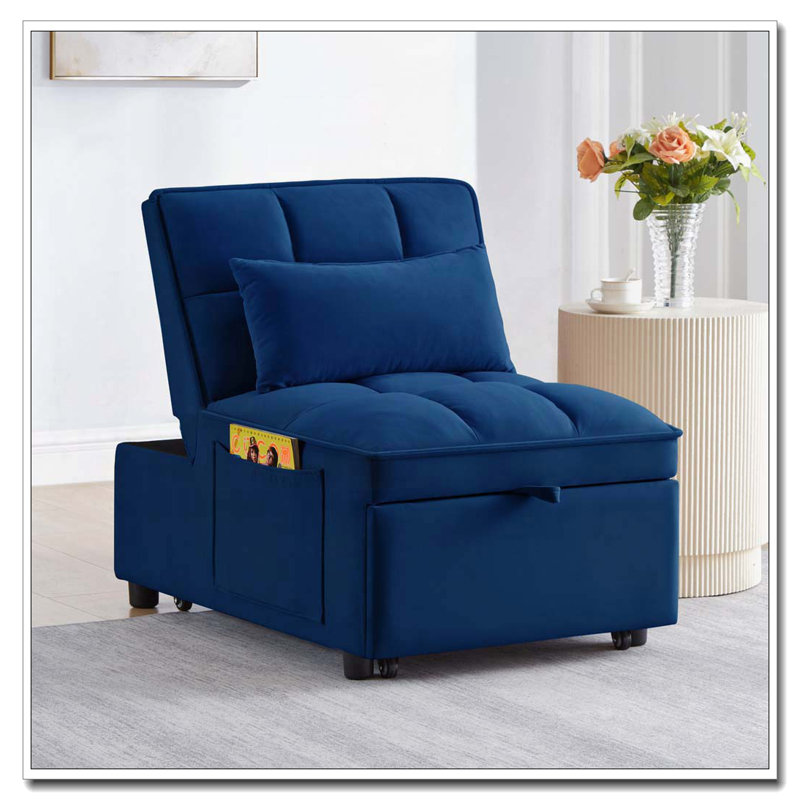 Fauteuil-lit rembourré en velours avec dossier réglable et coussins, Marine