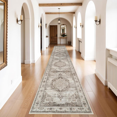 Wide Hallway Runner Rug: Vintage Washable Soft Rugs for Living Room Bedroom Water Resistant Carpet with Non-Slip Backing for Entry Kitchen Dining Room Thin Nursery Bathroom Floor Mat(Beige)