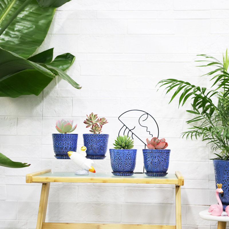 Ensemble de 4 petits pots à fleurs en céramique 4 po, Bleu