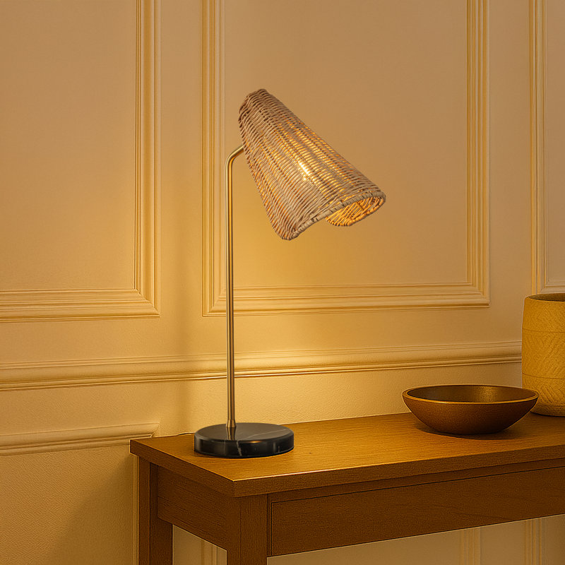 22'' Farmhouse Handwoven Rattan Table Lamp Antique Brass Finish Black Marble Base Rustic Nightstand Lamp For Bedroom Living Room