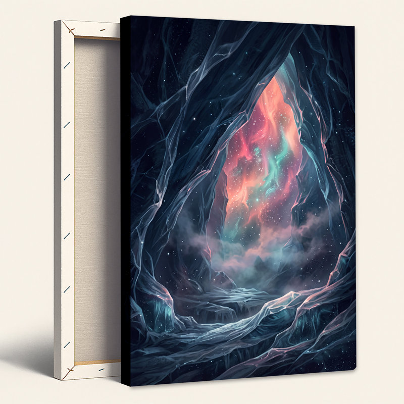 Tableau sur toile représentant une nébuleuse rose et turquoise vue de l'entrée d'une grotte de glace dentelée