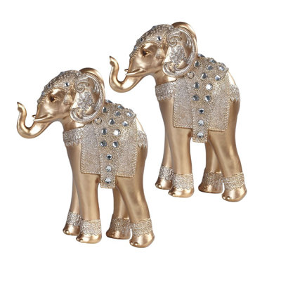 "Ensemble de 2 pièces" ICE ARMOUR Éléphant debout avec des pierres précieuses de 9 po de hauteur éléphant en or et en argent