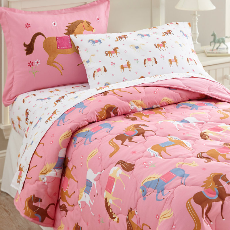 Pink and White Horse Print Microfiber Twin Sheet Set