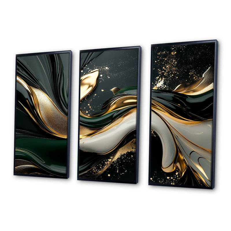 Or noir et noir captivant - ensemble d'art mural abstrait vagues modernes, 28" H x 36" W x 1" D, Black Floater Framed Canvas