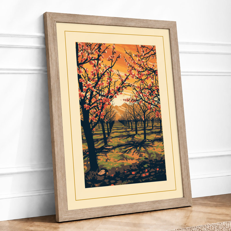 Orchard at Sunrise Japandi - Framed Print, Oak, A3 - 42.0 x 29.7 cm