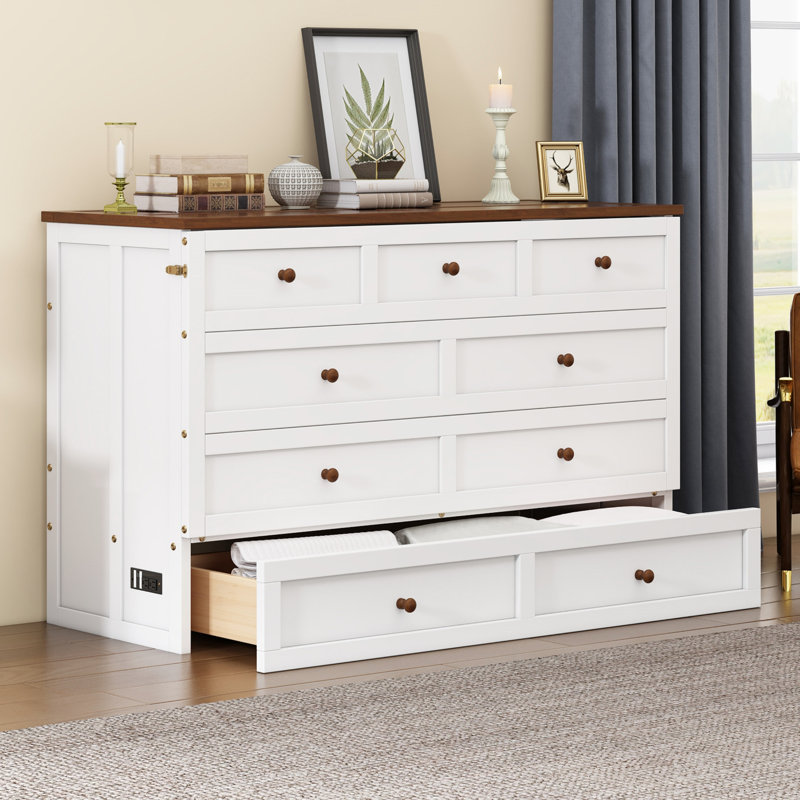 Lit double avec fonction de charge et grand espace de rangement, design blanc et noyer, structure en bois de pin stable pour grand tiroir de chambre à coucher