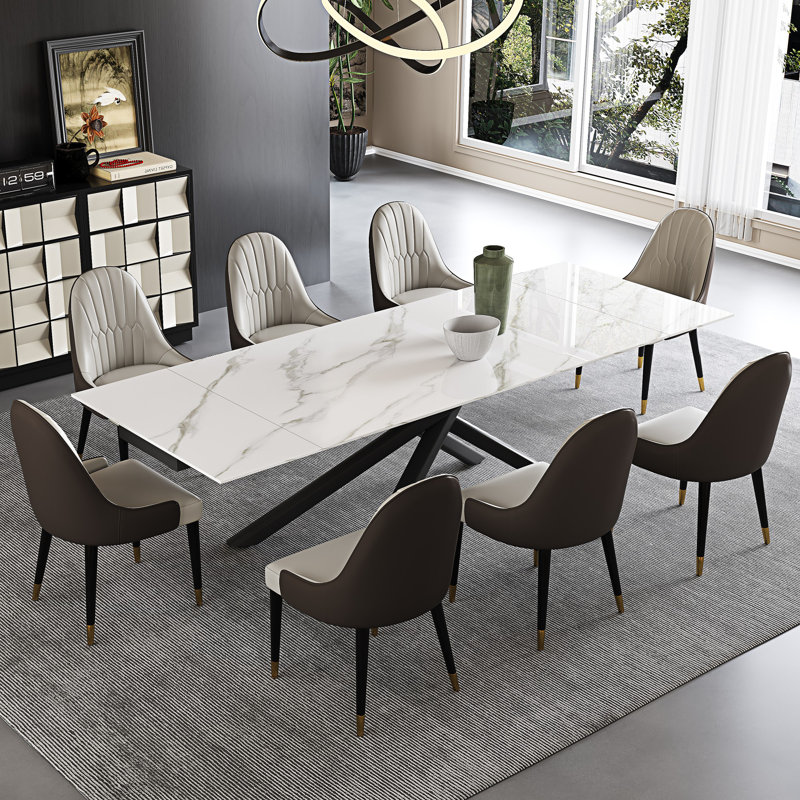 Kerius 9 - Piece 70.86" to 102.36" Extendable Rectangular Sintered Stone Dining Table with 8 Leather Chairs Dining Set
