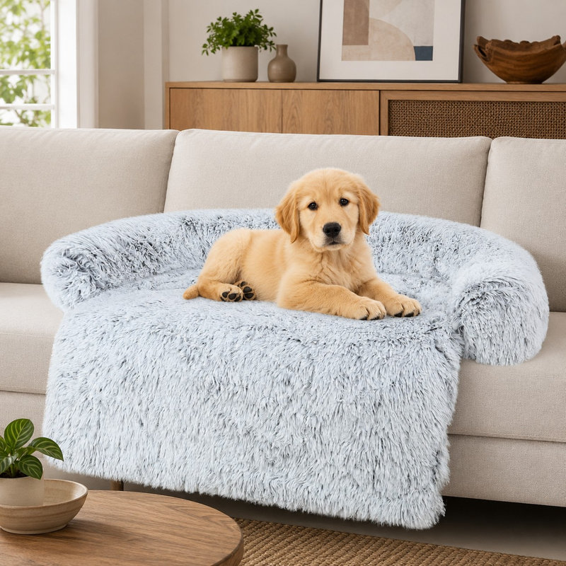 Washable calming dog couch cover/protector with a removable fluffy plush sofa bed marked (M), plus a waterproof sofa-protector pet-bed mat reference marked (L).