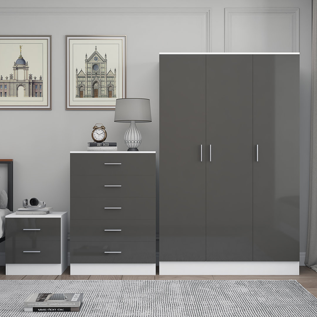 Eva High Gloss 3 Door Plain Wardrobe 3 Piece Bedroom Set