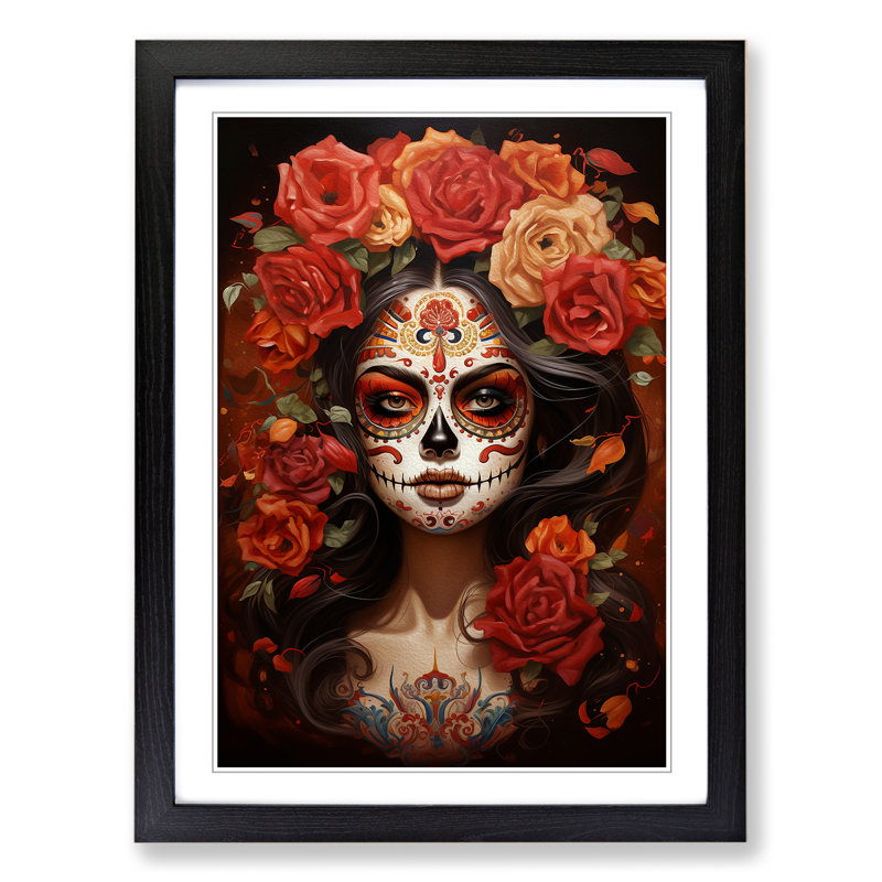 Sugar Skull Classicism - Single Picture Frame Print on Wood, 46cm H x 34cm W x 2cm D, Black