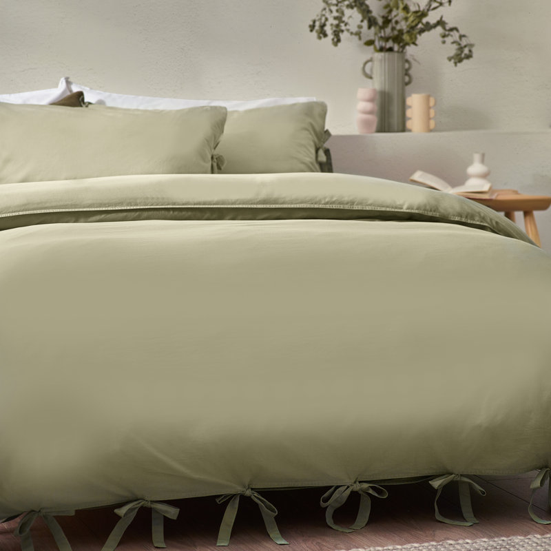 Mallow Bow Tie Cotton Solid Colour Duvet Cover Set with Pillowcases Included, UK Double + 2 Standard Pillowcase, Green