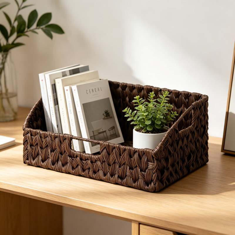 Wicker Storage Basket with Handles, Trapezoid Woven Baskets for Shelves, Large Decorative Bin for Home Organization, Recyclable Plastic Wicker on Metal Frame
