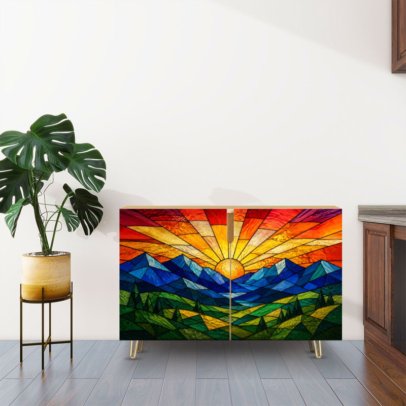 Buffet Buffet avec rangement Vitrail vibrant imprimé paysage Sunburst Mountains Green Valley avec 2 portes pour le salon et la cuisine