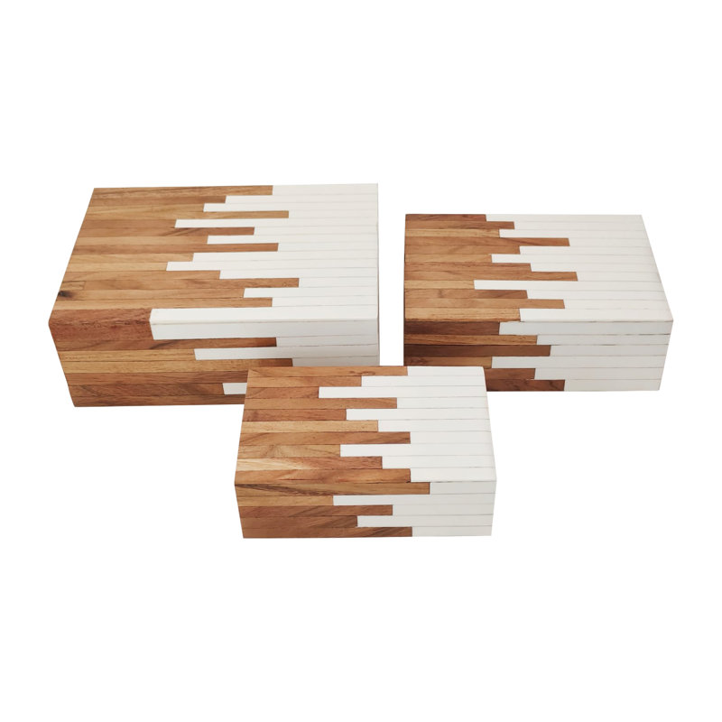 Ensemble de 3 boîtes de rangement décoratives en polyrésine brune et naturelle et bois