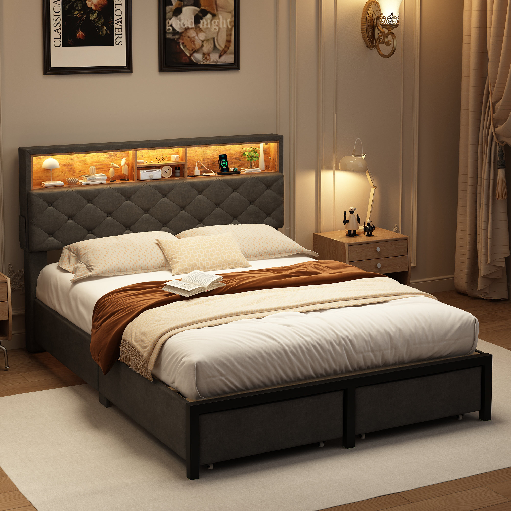 Winston Porter Nihash queen Upholstered Storage Bed frame with LED ...