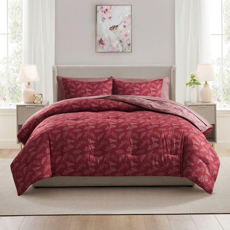 Nestl Botanical Bed in a Bag 7 piece Comforter Set with Sheets & Pillow Shams, Mulberry/Smoky Lavender