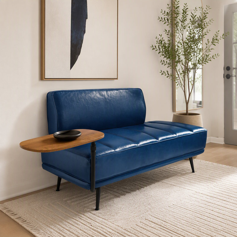 Banc de bout moderne de 55 po de large avec revêtement en similicuir et table d'appoint, Bleu