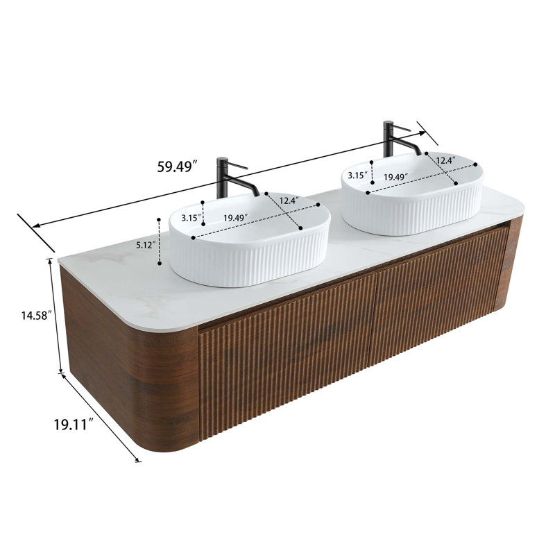 Meuble-lavabo double lavabo de luxe au design cannelé incurvé, Noyer, L 59 po, Blanc
