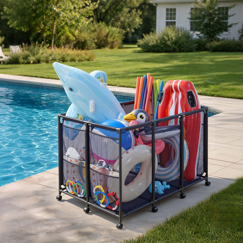 Pool Storage Bin, 48.8 x 32.7 x 32.7 in, Rolling Pool Float Storage Organizer with Side Pockets & Casters, Heavy Duty Metal Frame, Poolside Toys Noodles Holder Mesh Basket for Swimming Pools