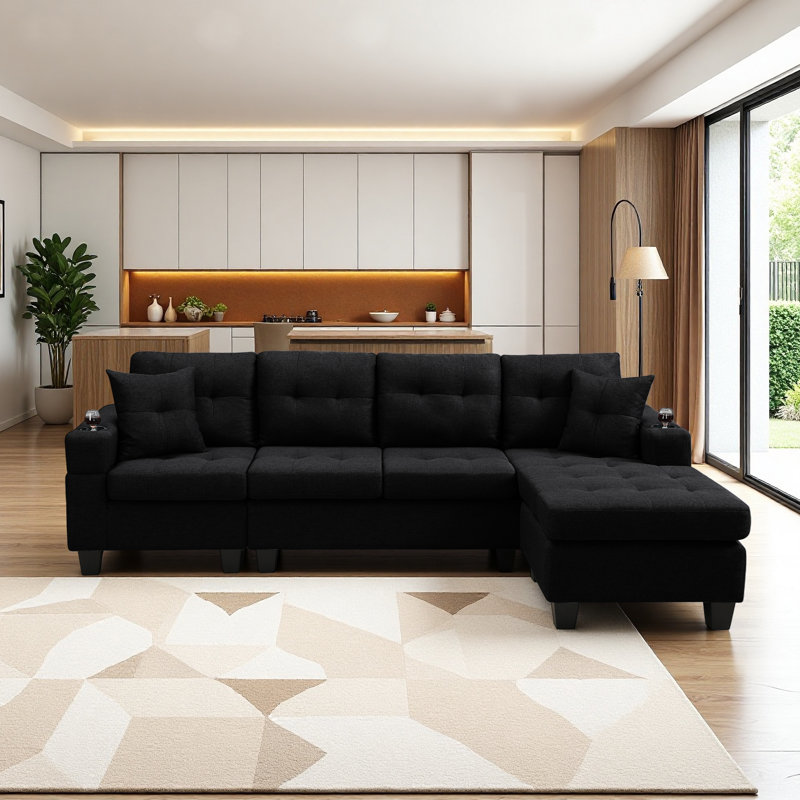 95.6" L-shaped Upholstered Sectional Sofa With 2 Cup Holders and 2 Throw Pillows, Black