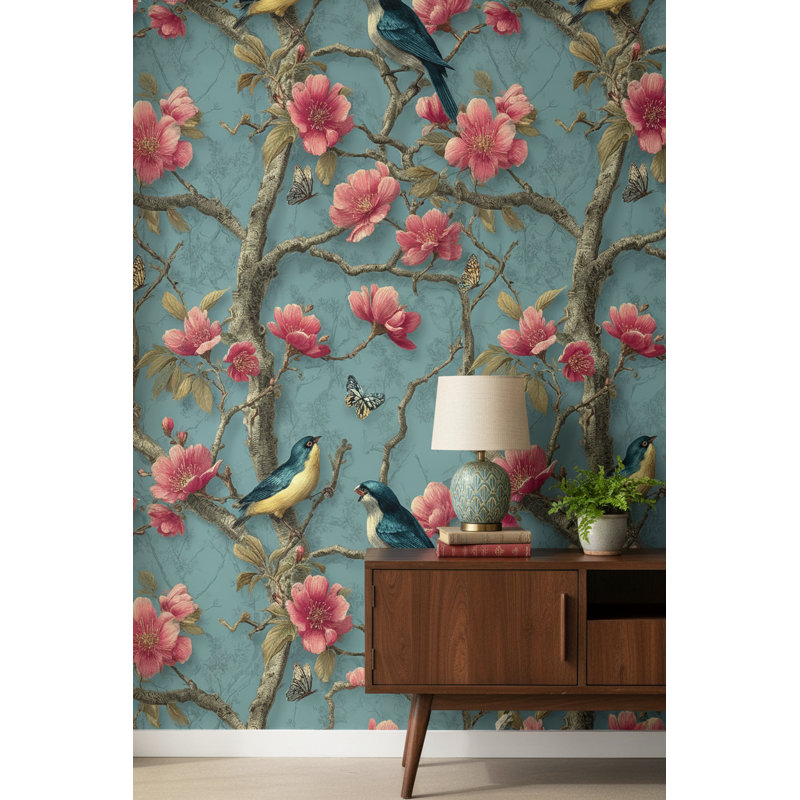 Papier peint floral rétro avec oiseaux